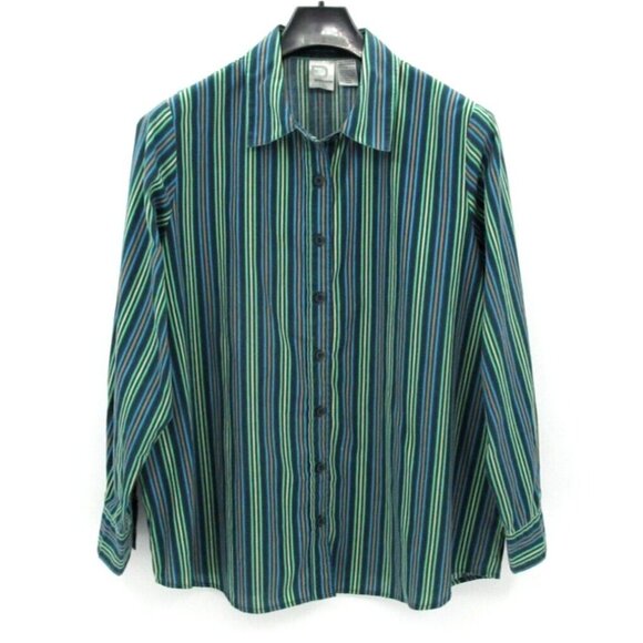 Vintage Roamans Shirt Womens Large Green Blue Striped Long Sleeve Button Down - Picture 5 of 14
